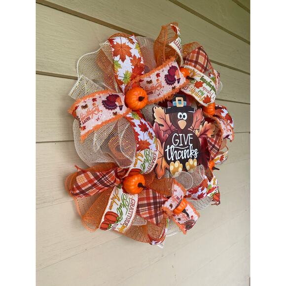 Give Thanks Thanksgiving Turkey Wreath – Fall Harvest Front Door Decor - Picture 6 of 7